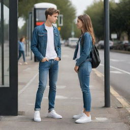 A realistic image of a boy, wearing jeans, standing at a bus stop standing next to his girlfriend.