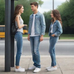 A realistic image of a boy, wearing jeans, standing at a bus stop standing next to his girlfriend.