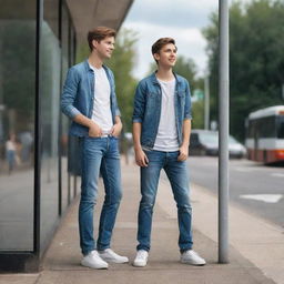 A realistic image of a boy, wearing jeans, standing at a bus stop standing next to his girlfriend.