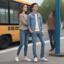 A realistic image of a boy, wearing jeans, standing at a bus stop standing next to his girlfriend.