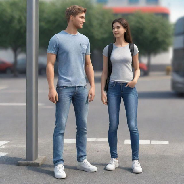 A realistic 3D image of a boy in jeans standing with his girlfriend at a bus stop.