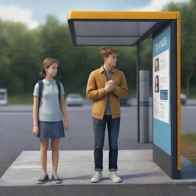 A realistic 3D illustration of a boy standing at a bus stop with his girlfriend, who appears deep in thought.