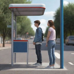 A realistic 3D illustration of a boy standing at a bus stop with his girlfriend, who appears deep in thought.