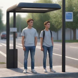 A realistic 3D illustration of a boy standing at a bus stop with his girlfriend, who appears deep in thought.