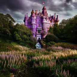 A fantastical castle enveloped in an array of wildflowers, with a cascading waterfall, captured in technicolor architectural photography for a dramatic effect.