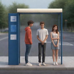 A realistic 3D illustration of a boy standing at a bus stop with his girlfriend, who appears deep in thought.