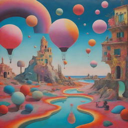 A surrealist scene with a disjointed reality filled with dreamlike elements and vivid color palette.