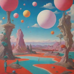 A surrealist scene with a disjointed reality filled with dreamlike elements and vivid color palette.