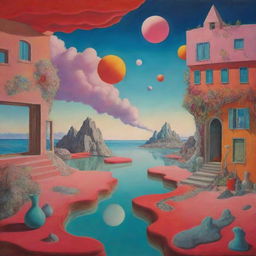 A surrealist scene with a disjointed reality filled with dreamlike elements and vivid color palette.