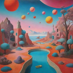 A surrealist scene with a disjointed reality filled with dreamlike elements and vivid color palette.