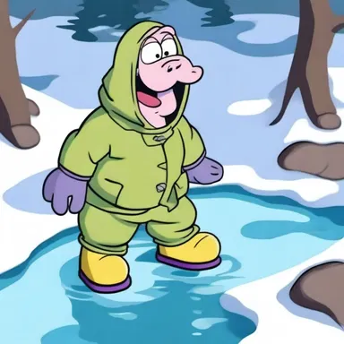 In the cartoon episode, the character slipped into an icy pond and developed trench foot, with his foot turning purple and causing extreme pain.