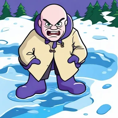 In the cartoon episode, the character slipped into an icy pond and developed trench foot, with his foot turning purple and causing extreme pain.