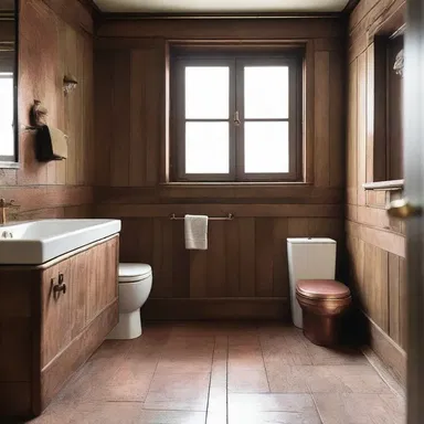 The designer incorporated a rustic theme into the bathroom with wooden flooring and copper fixtures, reminiscent of the trenches that caused trench foot during wartime.