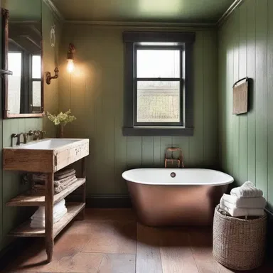 The designer incorporated a rustic theme into the bathroom with wooden flooring and copper fixtures, reminiscent of the trenches that caused trench foot during wartime.