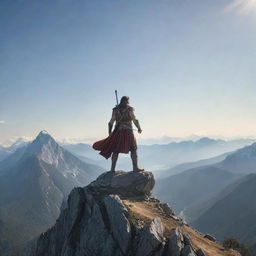 A heroic man confidently holding a shining sword aloft, poised atop a majestic mountain peak amidst a breathtaking landscape.