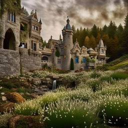 A fantastical castle enveloped in an array of wildflowers, with a cascading waterfall, captured in technicolor architectural photography for a dramatic effect.