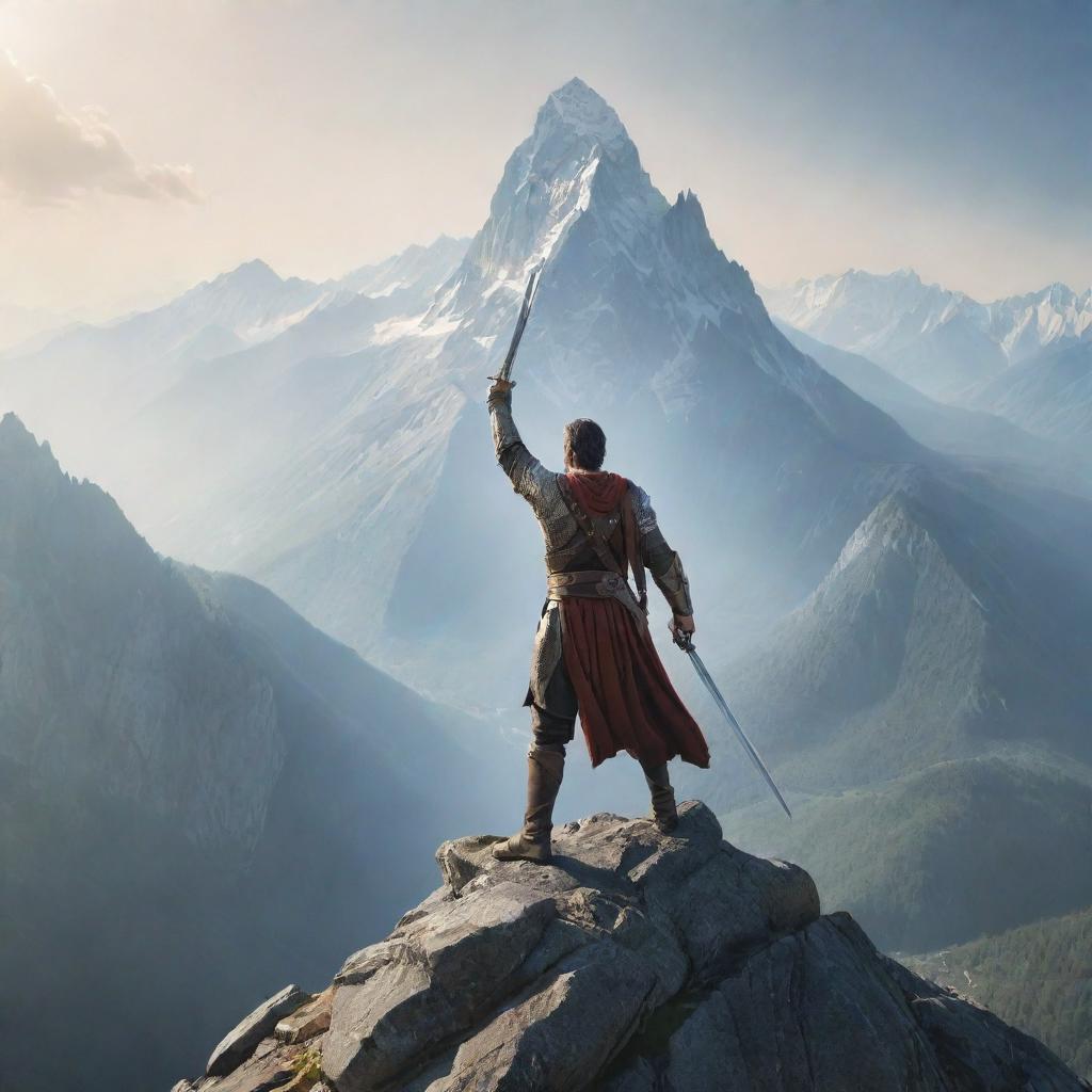 A heroic man confidently holding a shining sword aloft, poised atop a majestic mountain peak amidst a breathtaking landscape.