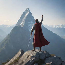 A heroic man confidently holding a shining sword aloft, poised atop a majestic mountain peak amidst a breathtaking landscape.