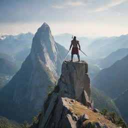 A heroic man confidently holding a shining sword aloft, poised atop a majestic mountain peak amidst a breathtaking landscape.