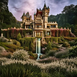 A fantastical castle enveloped in an array of wildflowers, with a cascading waterfall, captured in technicolor architectural photography for a dramatic effect.