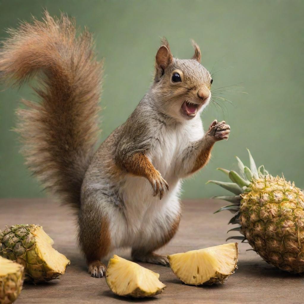 A dynamic scene featuring a lively squirrel in an energetic battle with a large pineapple.