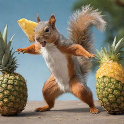 A dynamic scene featuring a lively squirrel in an energetic battle with a large pineapple.