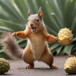 A dynamic scene featuring a lively squirrel in an energetic battle with a large pineapple.