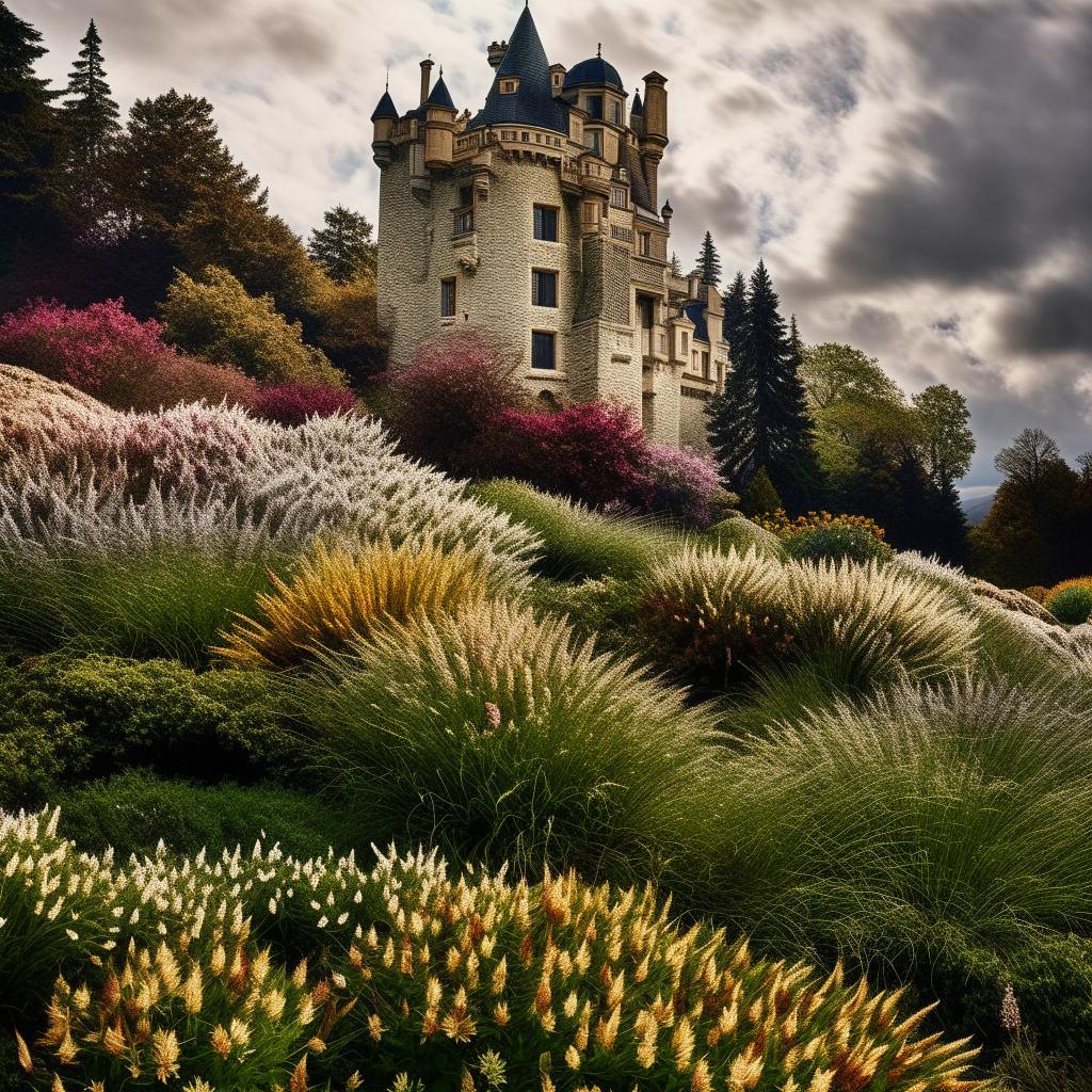 A fantastical castle enveloped in an array of wildflowers, with a cascading waterfall, captured in technicolor architectural photography for a dramatic effect.