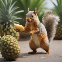 A dynamic scene featuring a lively squirrel in an energetic battle with a large pineapple.