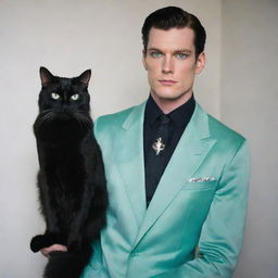 A tall, muscular man with pale skin, black shoulder-length hair with white tufts at the base, sharp blue eyes, dressed in vintage sophisticated attire. He cradles a black cat with green eyes and has a white owl perched on his shoulder, in a white room with eerie shadows.