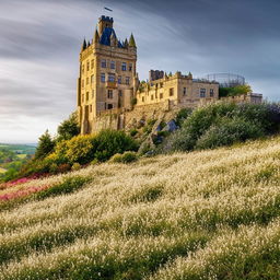 Capture a stunning castle perched atop a hill, encircled by a vibrant array of wildflowers in an architectural photography style.