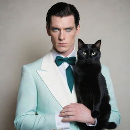 A tall, muscular man with pale skin, black shoulder-length hair with white tufts at the base, sharp blue eyes, dressed in vintage sophisticated attire. He cradles a black cat with green eyes and has a white owl perched on his shoulder, in a white room with eerie shadows.