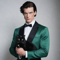 A tall, muscular man with pale skin, black shoulder-length hair with white tufts at the base, sharp blue eyes, dressed in vintage sophisticated attire. He cradles a black cat with green eyes and has a white owl perched on his shoulder, in a white room with eerie shadows.