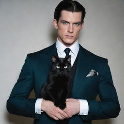 A tall, muscular man with pale skin, black shoulder-length hair with white tufts at the base, sharp blue eyes, dressed in vintage sophisticated attire. He cradles a black cat with green eyes and has a white owl perched on his shoulder, in a white room with eerie shadows.