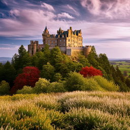 Capture a stunning castle perched atop a hill, encircled by a vibrant array of wildflowers in an architectural photography style.