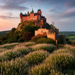 Capture a stunning castle perched atop a hill, encircled by a vibrant array of wildflowers in an architectural photography style.