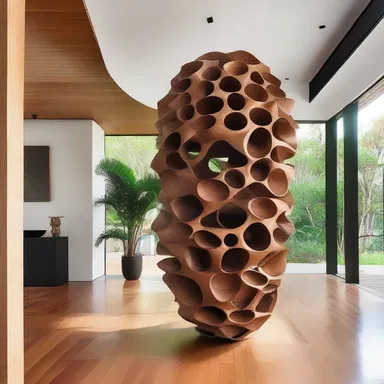 The foyer of the modern house was adorned with a striking sculpture made from bunya bunya nuts.