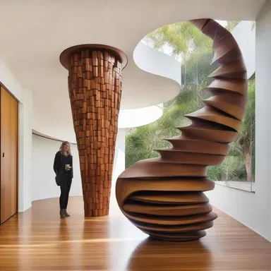 The foyer of the modern house was adorned with a striking sculpture made from bunya bunya nuts.