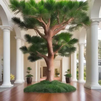 The grand entrance of the mansion was adorned with a magnificent bunya bunya tree, adding a touch of elegance and grandeur to the design.