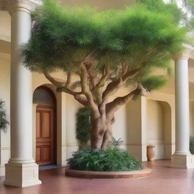 The grand entrance of the mansion was adorned with a magnificent bunya bunya tree, adding a touch of elegance and grandeur to the design.