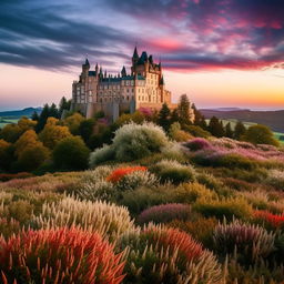 Capture a stunning castle perched atop a hill, encircled by a vibrant array of wildflowers in an architectural photography style.