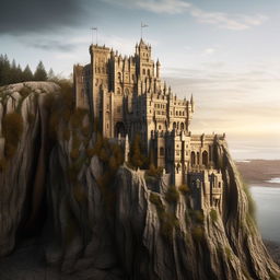 Photorealistic image of an imposing stone castle intricately carved into the cliff face, in architectural photography style.