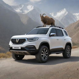 Create a luxury car design inspired by the Markhor, a mountain goat, embodying its agility and rugged elegance