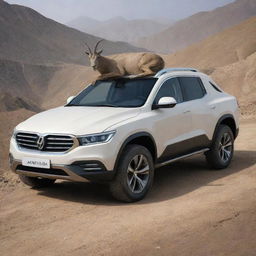 Create a luxury car design inspired by the Markhor, a mountain goat, embodying its agility and rugged elegance