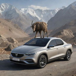 Create a luxury car design inspired by the Markhor, a mountain goat, embodying its agility and rugged elegance