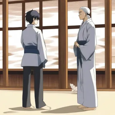 The main character in the anime series bowed reverently before his sensei, acknowledging his wisdom and skill.