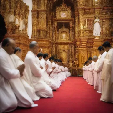 The devotees knelt reverently in the church, deep in prayer and contemplation.