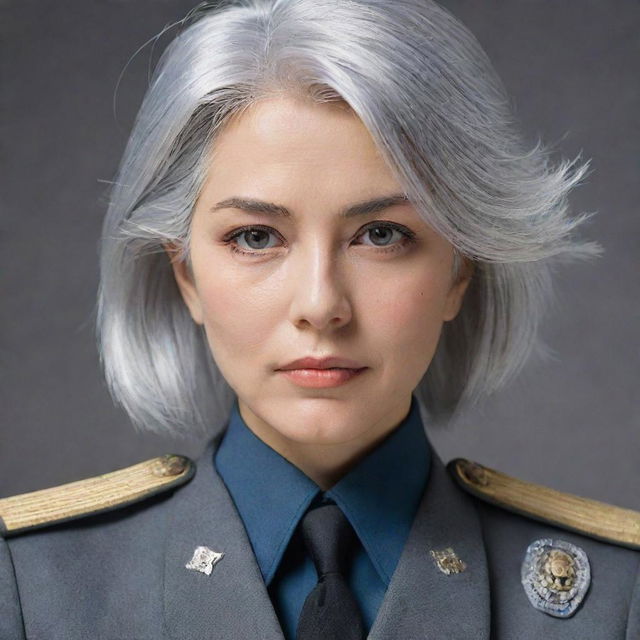 Detailed portrait of Vladilena Milize, a female character from 86 - Eighty Six anime, with her silver hair and military uniform.