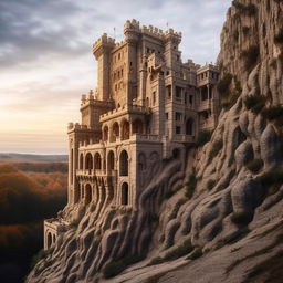 Photorealistic image of an imposing stone castle intricately carved into the cliff face, in architectural photography style.