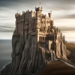 Photorealistic image of an imposing stone castle intricately carved into the cliff face, in architectural photography style.